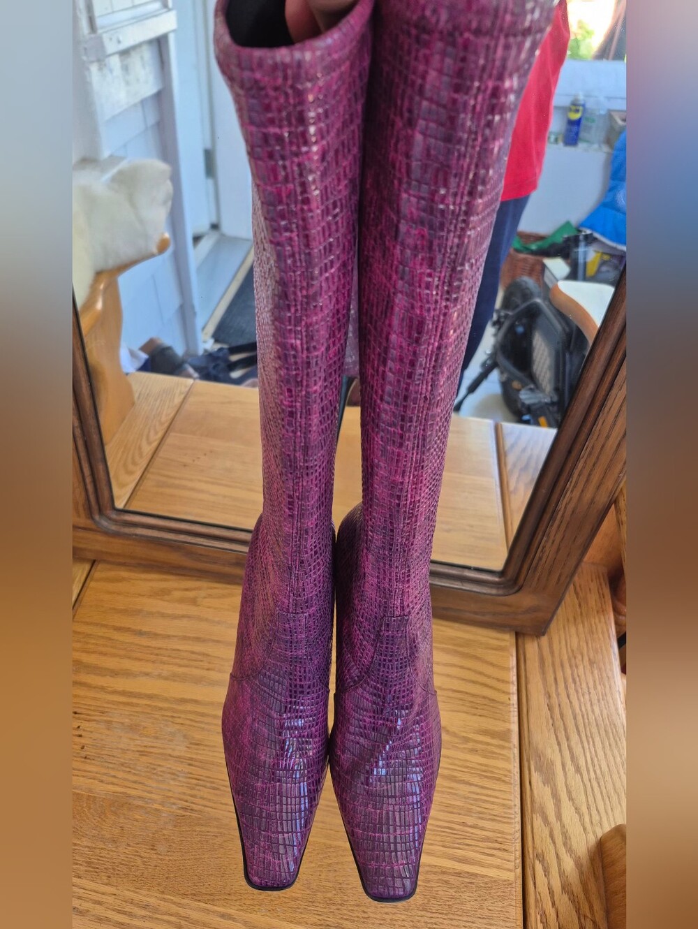 Casadei Italy Purple Python Embossed Leather Stretch Knee High Blade Boots 7